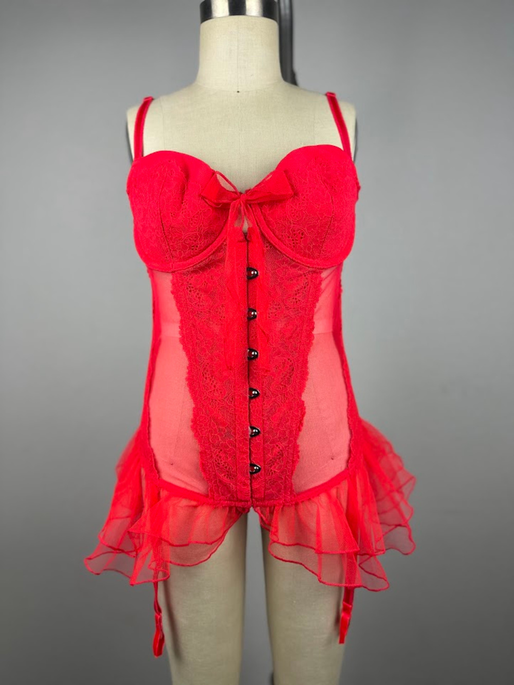 Victoria's Secret Red Lace Mesh Bustier Teddy 36C Y2K Ruffle